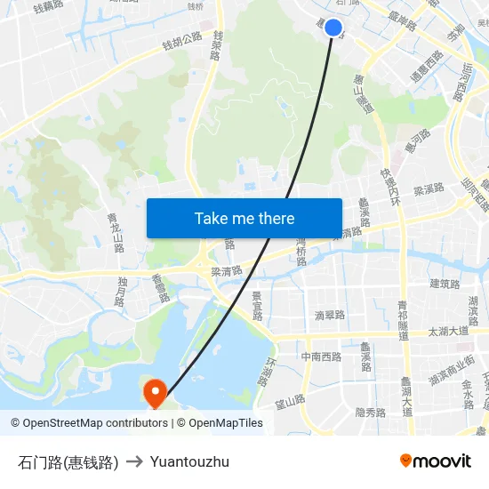 Shimen Road (Huiqian Road) to Yuantouzhu map