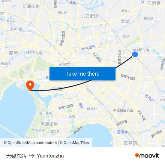Wuxi East Station to Yuantouzhu map