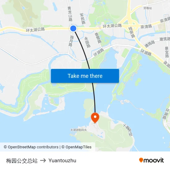 Meiyuan Bus Terminal to Yuantouzhu map