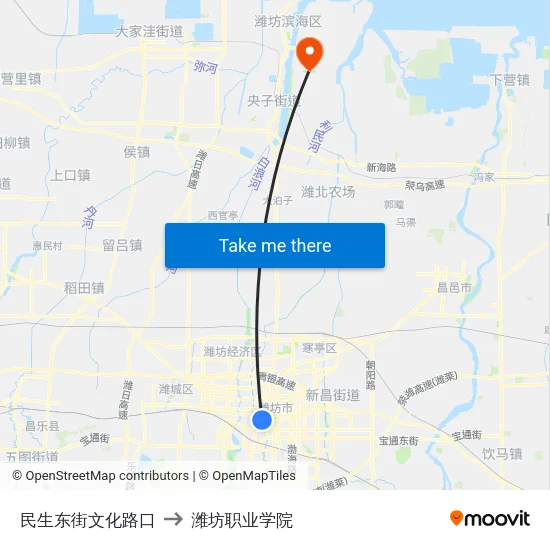 民生东街文化路口 to 潍坊职业学院 map