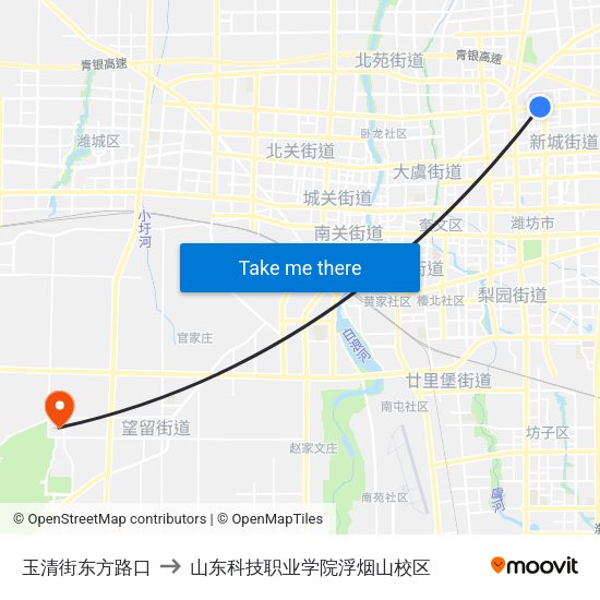 玉清街东方路口 to 山东科技职业学院浮烟山校区 map