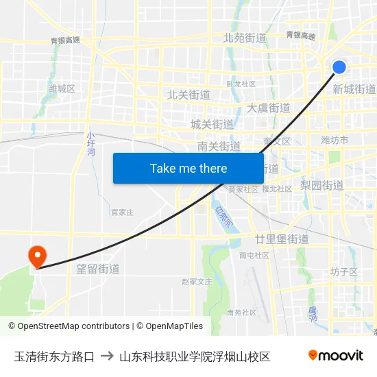 玉清街东方路口 to 山东科技职业学院浮烟山校区 map