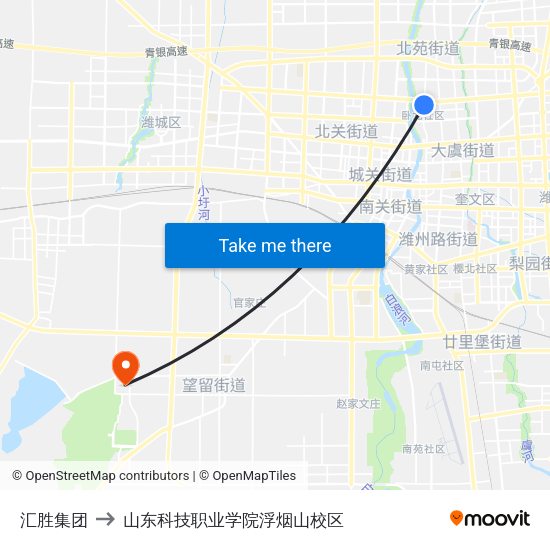 汇胜集团 to 山东科技职业学院浮烟山校区 map