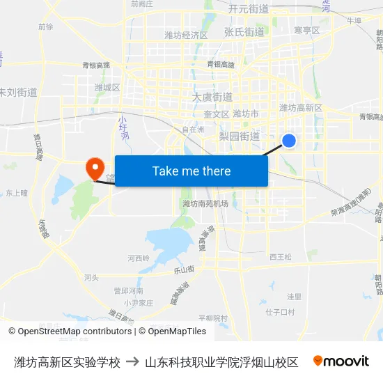潍坊高新区实验学校 to 山东科技职业学院浮烟山校区 map