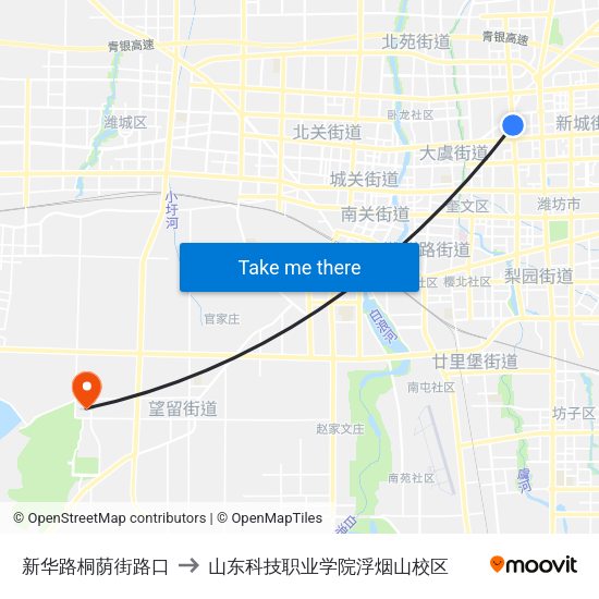 新华路桐荫街路口 to 山东科技职业学院浮烟山校区 map