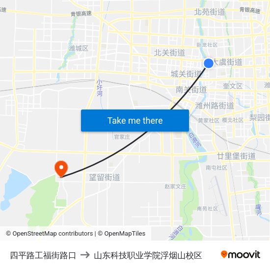 四平路工福街路口 to 山东科技职业学院浮烟山校区 map