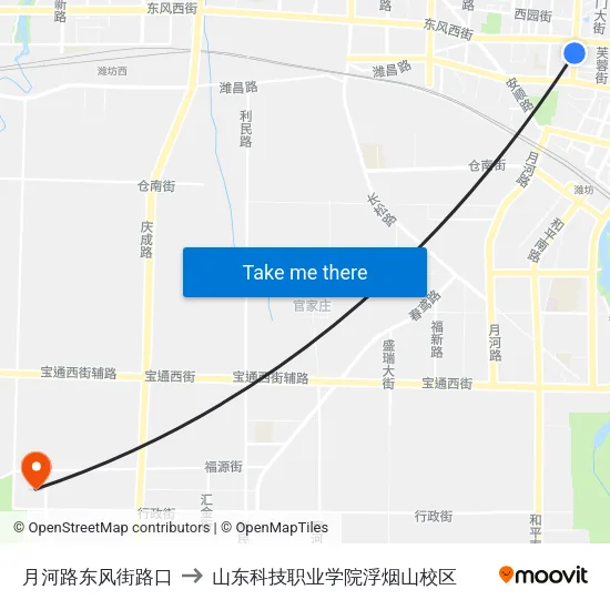 月河路东风街路口 to 山东科技职业学院浮烟山校区 map