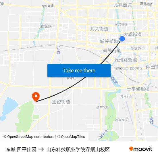东城·四平佳园 to 山东科技职业学院浮烟山校区 map