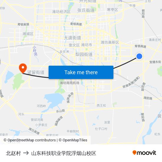 北赵村 to 山东科技职业学院浮烟山校区 map