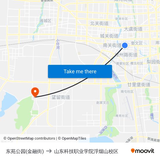 东苑公园(金融街) to 山东科技职业学院浮烟山校区 map