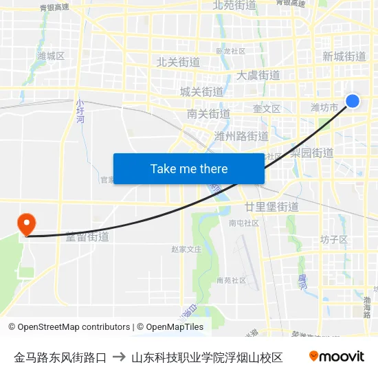 金马路东风街路口 to 山东科技职业学院浮烟山校区 map
