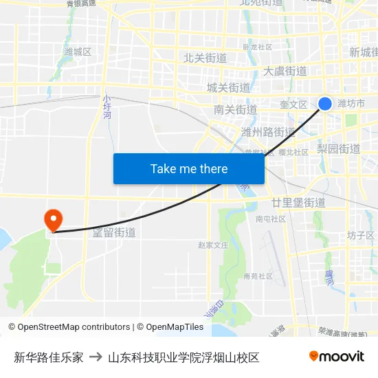 新华路佳乐家 to 山东科技职业学院浮烟山校区 map