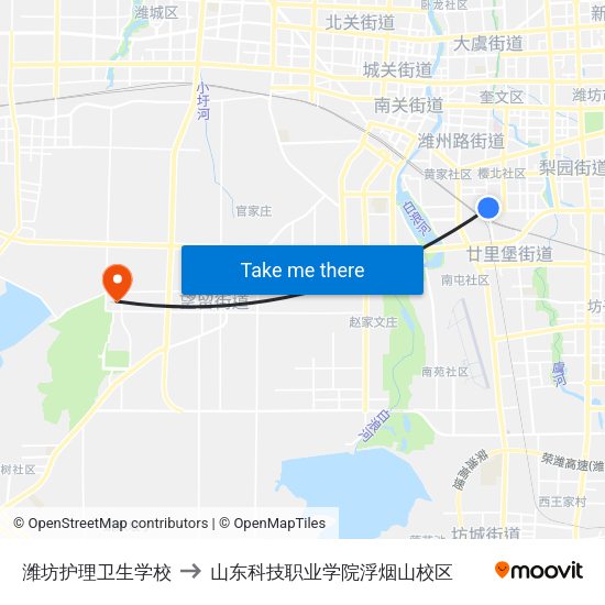 潍坊护理卫生学校 to 山东科技职业学院浮烟山校区 map