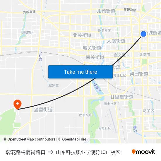 蓉花路桐荫街路口 to 山东科技职业学院浮烟山校区 map