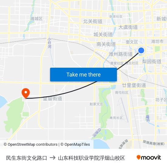 民生东街文化路口 to 山东科技职业学院浮烟山校区 map