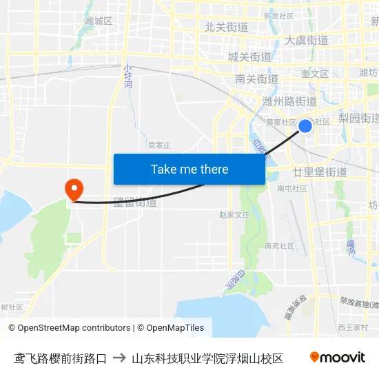 鸢飞路樱前街路口 to 山东科技职业学院浮烟山校区 map