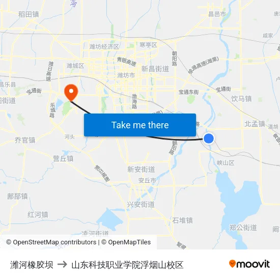 潍河橡胶坝 to 山东科技职业学院浮烟山校区 map