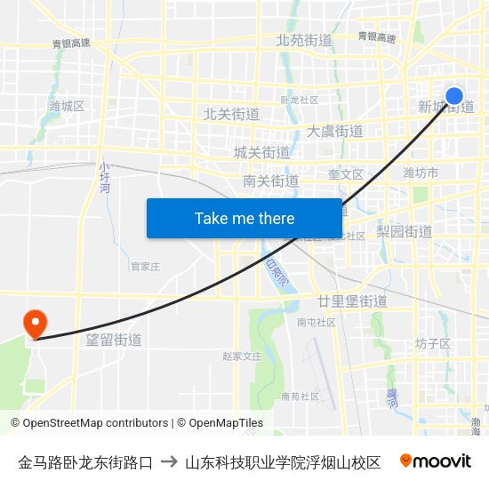 金马路卧龙东街路口 to 山东科技职业学院浮烟山校区 map