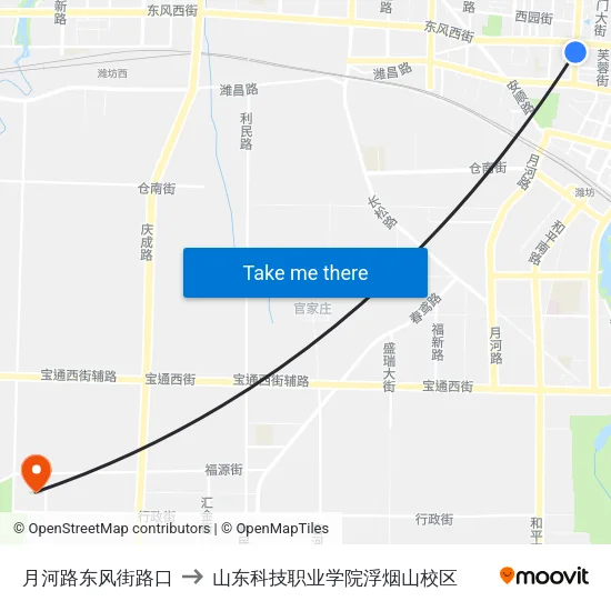 月河路东风街路口 to 山东科技职业学院浮烟山校区 map