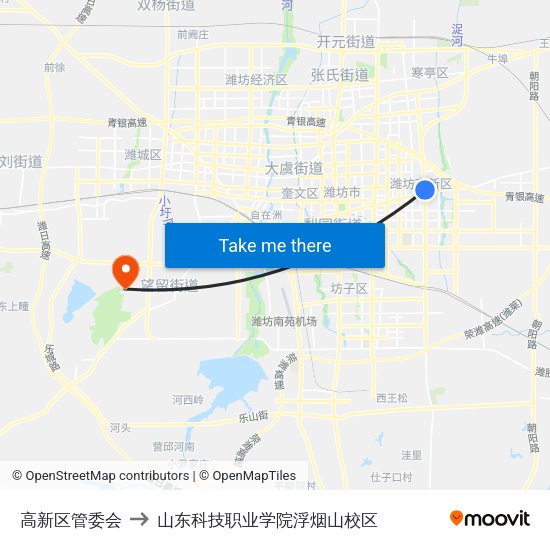 高新区管委会 to 山东科技职业学院浮烟山校区 map