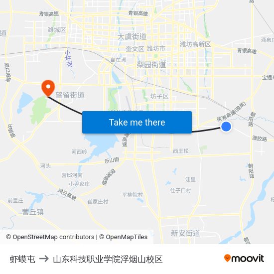 虾蟆屯 to 山东科技职业学院浮烟山校区 map