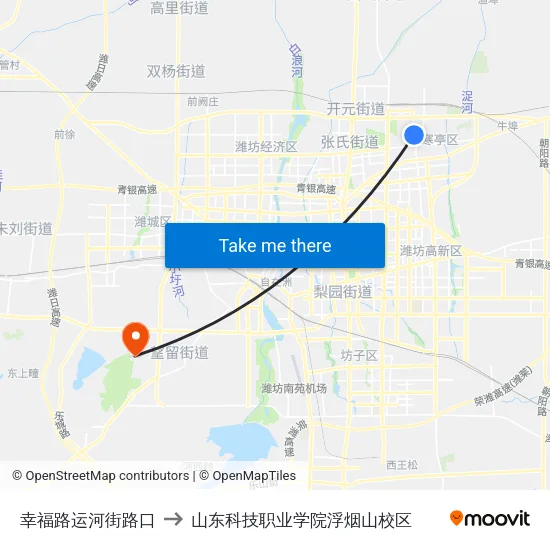 幸福路运河街路口 to 山东科技职业学院浮烟山校区 map