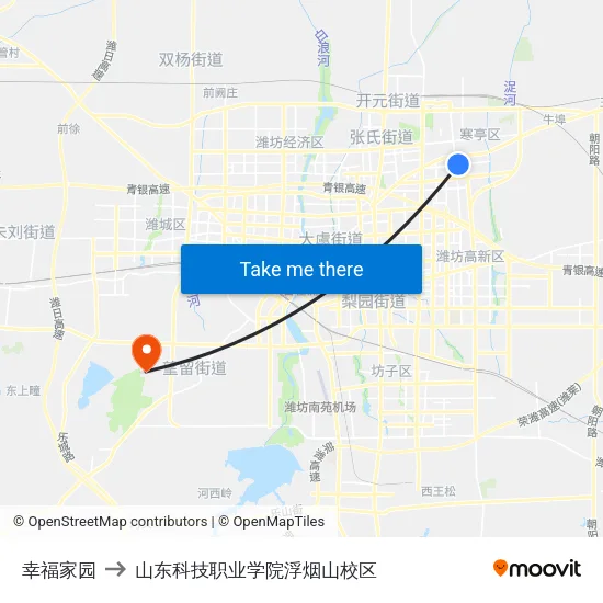幸福家园 to 山东科技职业学院浮烟山校区 map