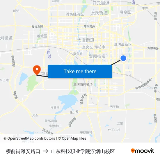 樱前街潍安路口 to 山东科技职业学院浮烟山校区 map