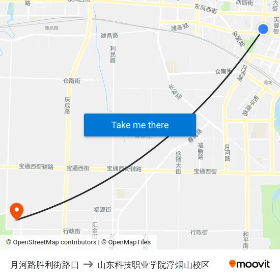 月河路胜利街路口 to 山东科技职业学院浮烟山校区 map