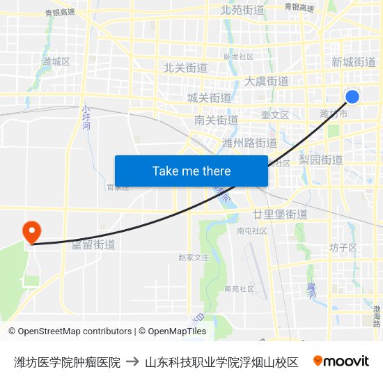 潍坊医学院肿瘤医院 to 山东科技职业学院浮烟山校区 map