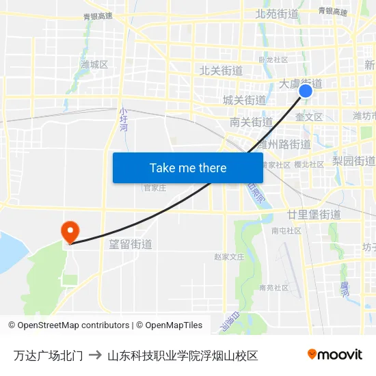 万达广场北门 to 山东科技职业学院浮烟山校区 map