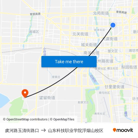 虞河路玉清街路口 to 山东科技职业学院浮烟山校区 map