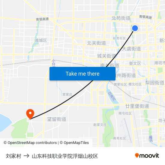 刘家村 to 山东科技职业学院浮烟山校区 map