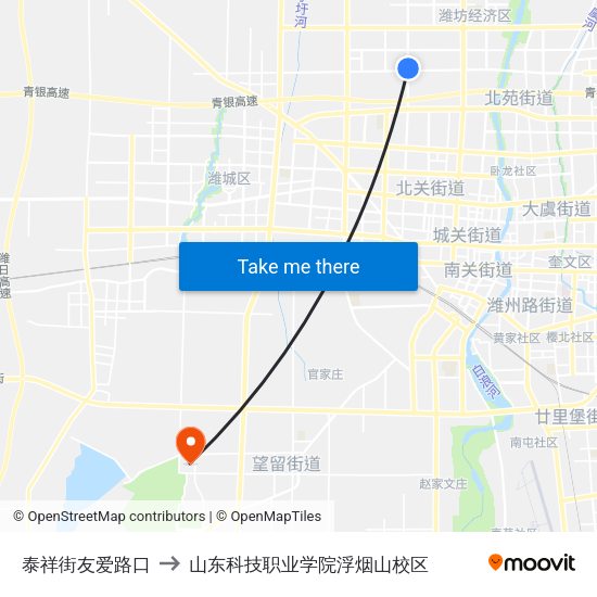泰祥街友爱路口 to 山东科技职业学院浮烟山校区 map