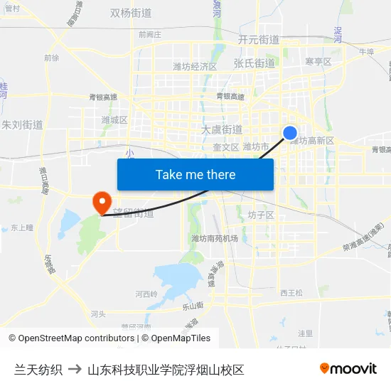 兰天纺织 to 山东科技职业学院浮烟山校区 map