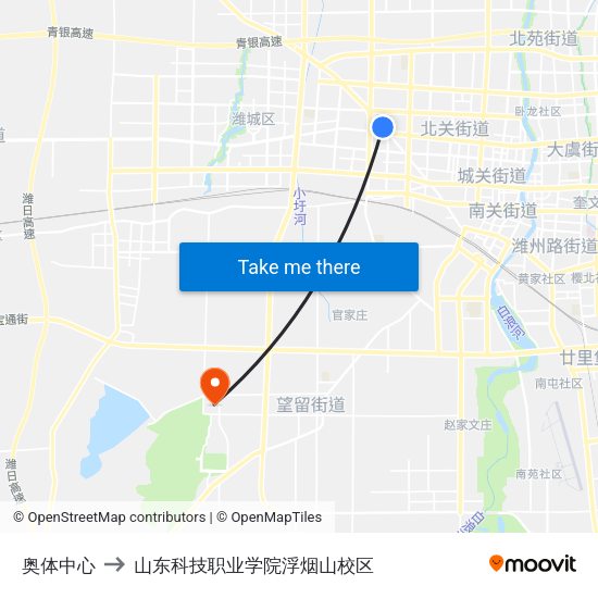 奥体中心 to 山东科技职业学院浮烟山校区 map