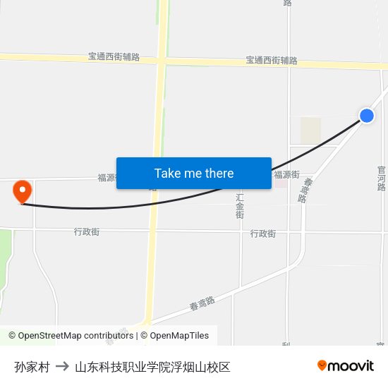 孙家村 to 山东科技职业学院浮烟山校区 map