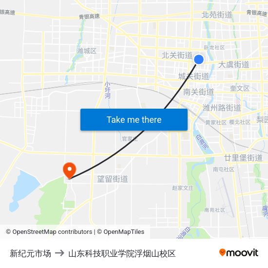 新纪元市场 to 山东科技职业学院浮烟山校区 map