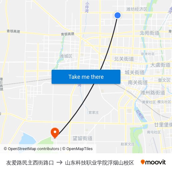 友爱路民主西街路口 to 山东科技职业学院浮烟山校区 map