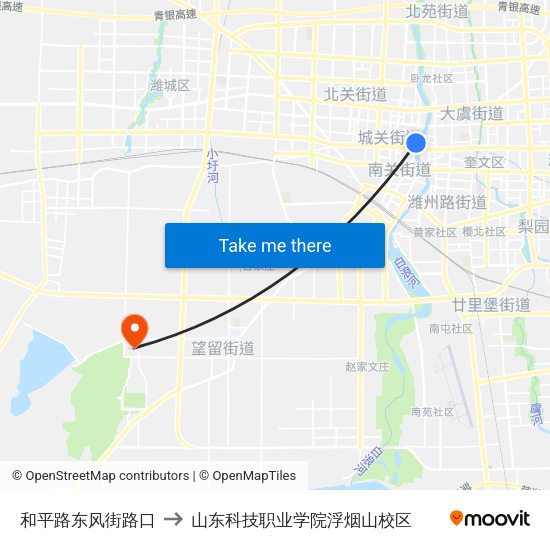 和平路东风街路口 to 山东科技职业学院浮烟山校区 map