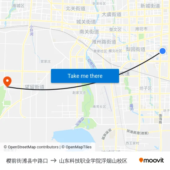 樱前街潍县中路口 to 山东科技职业学院浮烟山校区 map