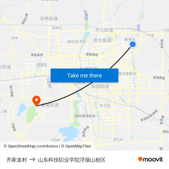 齐家道村 to 山东科技职业学院浮烟山校区 map