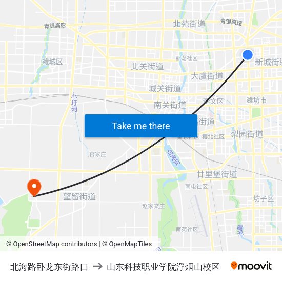 北海路卧龙东街路口 to 山东科技职业学院浮烟山校区 map