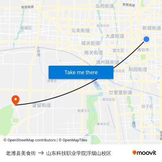 老潍县美食街 to 山东科技职业学院浮烟山校区 map