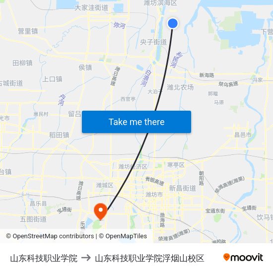 山东科技职业学院 to 山东科技职业学院浮烟山校区 map