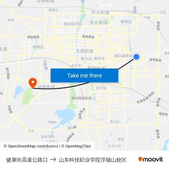 健康街高速公路口 to 山东科技职业学院浮烟山校区 map