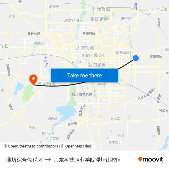 潍坊综合保税区 to 山东科技职业学院浮烟山校区 map