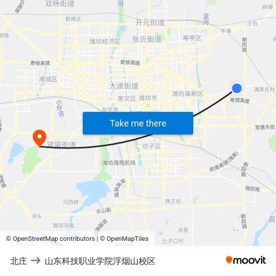 北庄 to 山东科技职业学院浮烟山校区 map