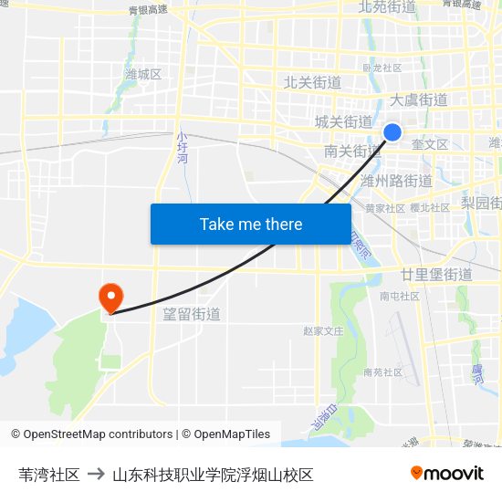 苇湾社区 to 山东科技职业学院浮烟山校区 map