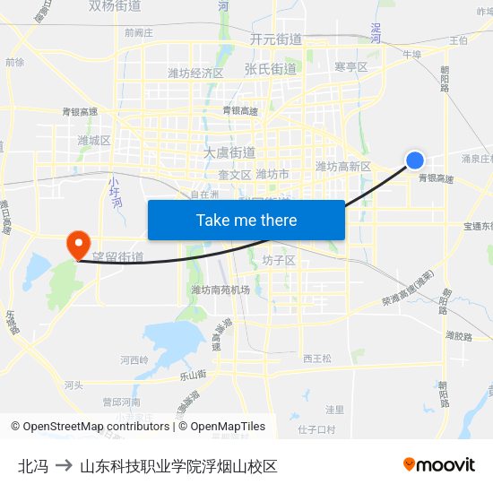 北冯 to 山东科技职业学院浮烟山校区 map